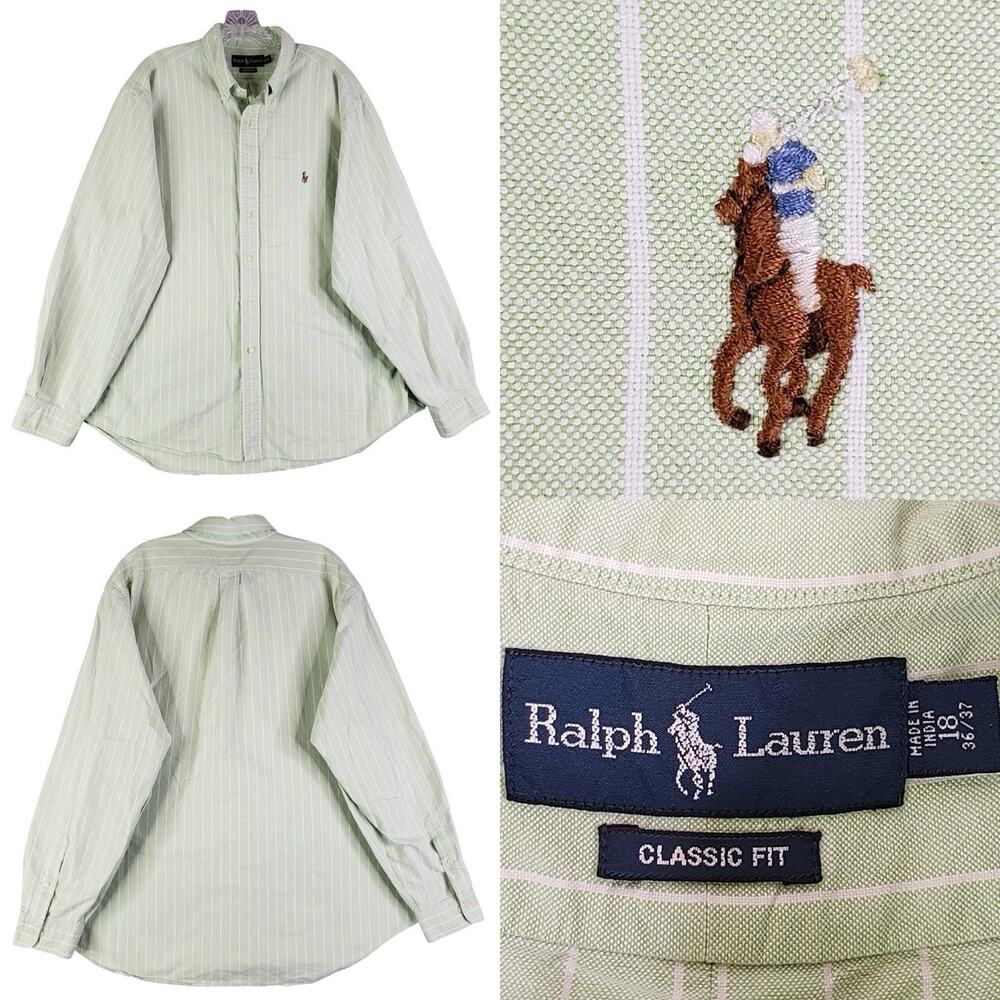 Polo Ralph Lauren Oxford Button Down Shirt LS Green Striped Mens Size 18 XXL